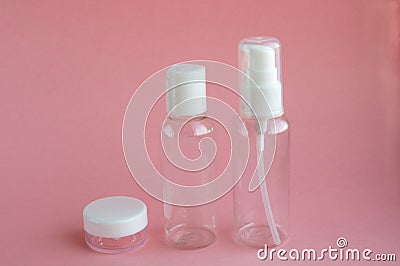 Empty jars for cosmetics, perfumes, cleansers, face and body care. The conception of female beauty. Copy space Stock Photo