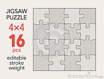 Empty jigsaw puzzle grid template, 4x4 shapes, 16 pieces. Separate matching puzzle elements. Vector Illustration