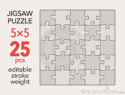 Empty jigsaw puzzle grid template, 5x5 shapes, 25 pieces. Separate matching puzzle elements. Vector Illustration