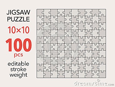 Empty jigsaw puzzle grid template, 10x10 shapes, 100 pieces. Separate matching puzzle elements. Vector Illustration