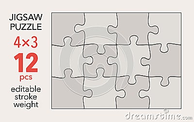 Empty jigsaw puzzle grid template, 4x3 shapes, 12 pieces. Separate matching puzzle elements. Vector Illustration