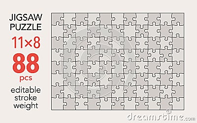 Empty jigsaw puzzle grid template, 11x8 shapes, 88 pieces. Separate matching puzzle elements. Vector Illustration