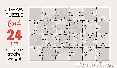 Empty jigsaw puzzle grid template, 6x4 shapes, 24 pieces. Separate matching puzzle elements. Vector Illustration