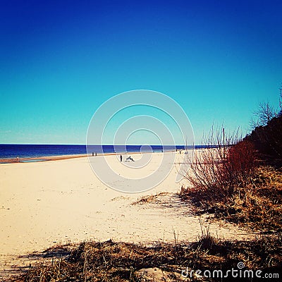 Empty Jurmala beach out of season - vintage photo. Spring seascape and bare bushes. Stock Photo