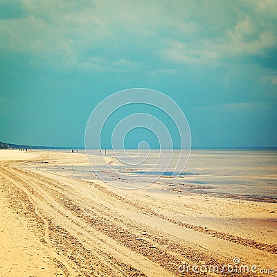 Empty Jurmala beach out of season - vintage photo. Spring seascape - retro filter. Stock Photo