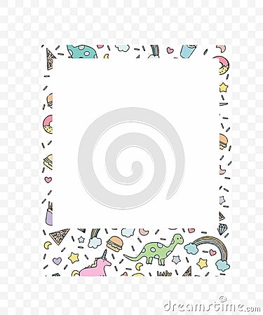 Empty kids photo frame stylish dinosaurs background. Baby border Vector Illustration