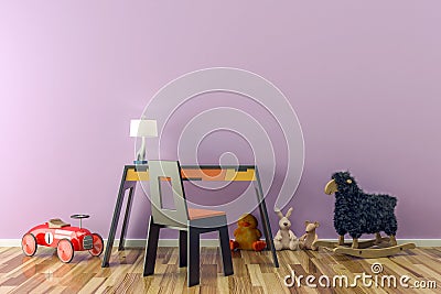 Empty kids room with toys, work desk and chair. Cartoon Illustration