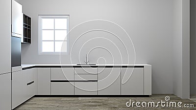 Empty kitchen cabinet waiting for decoration 3d illustration new house waiting for the owner,furniture,shelves,modern home designs Cartoon Illustration