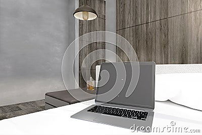 Empty laptop in modern bedroom Stock Photo