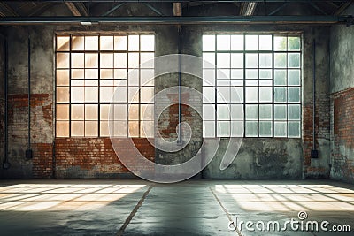 Empty, large interior with old brick walls and big windows. Grunge industrial loft interior Stock Photo