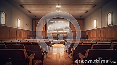 An empty lecture hall with a projector screen. Generative AI image. Stock Photo