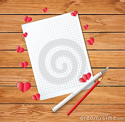 Empty letter or clean sheet with many paper folded hearts Vector Illustration