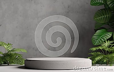 Empty light gray product display podium with green plants leaves background. 3d stage showcase, beauty skincare technology Stock Photo