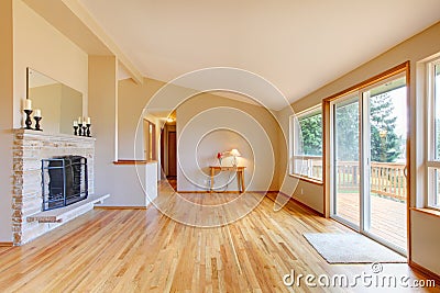 Empty living room with a fireplace and glass sliding door Stock Photo