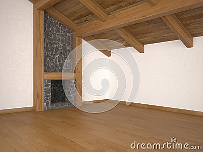 Empty living room with fireplace and roof beams Stock Photo