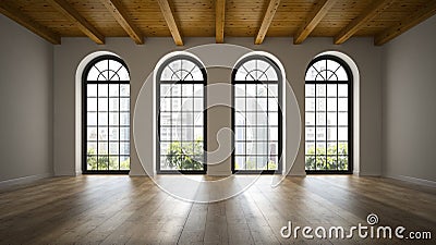 Empty loft room with arc windows 3D rendering Stock Photo