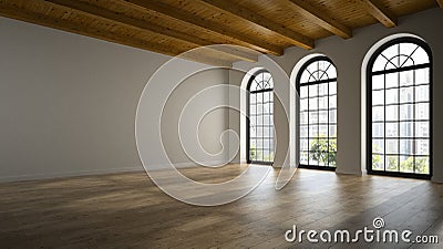 Empty loft room with arc windows 3D rendering 2 Stock Photo