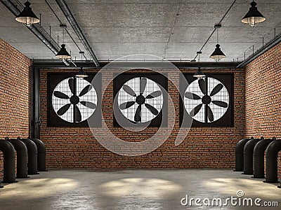 Empty loft room with a large black ventilation fan 3d render Stock Photo