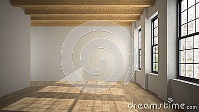 Empty loft room with wooden ceiling 3D rendering Stock Photo