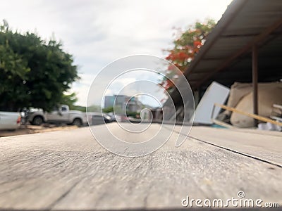 Empty long wooded with blurred Abandoned store outdoor. Stock Photo