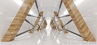 Empty Loong Modern Futuristic Interior Corridor Room With Triangle Oak Wood Columns And Metal Lines With Reflections On The Floor Stock Photo