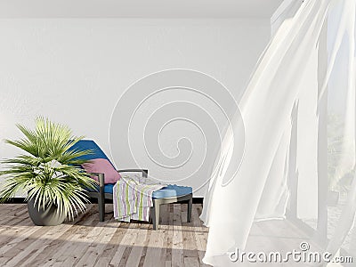 An empty lounge chair inside a bright room with light curtains In the Spa is empty. Sun lounger for relaxing clients after Spa tre Stock Photo