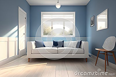 An empty lounge and living room with a concrete wall background and a view of the Stock Photo