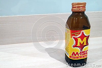 Empty M-150 energ drink on the table. Editorial Stock Photo