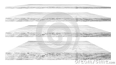 4 empty marble shelves Different levels, isolated on white backgrounds, With clipping paths Stock Photo