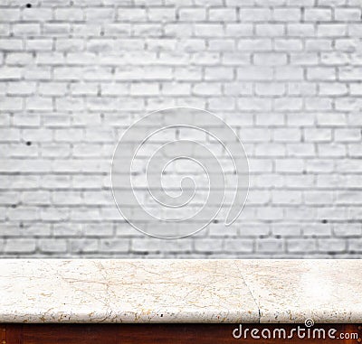 Empty marble table and white brick wall in background. product d Stock Photo