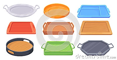 Empty meal trays. Cartoon tray food dish cafeteria service, wood plastic metal kitchen circle square plate canteen Vector Illustration
