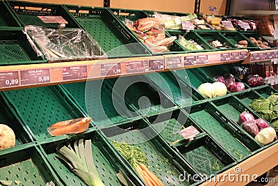 Empty meat shelves at Edeka Food Market. Covid 19 virus causes pandemic buyouts Editorial Stock Photo