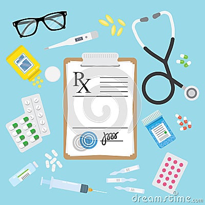 Empty medical prescription Rx form and pills Vector Illustration