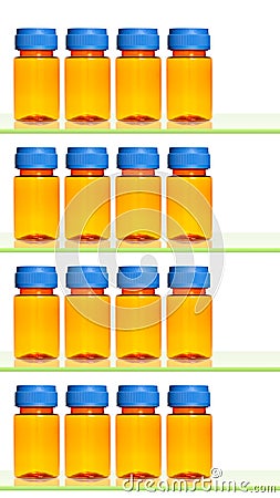 Empty medicine bottles on shelves Stock Photo