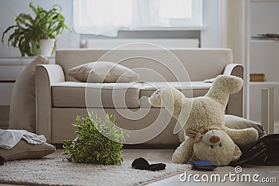 Empty messy room and nobody there. Things on the floor Stock Photo