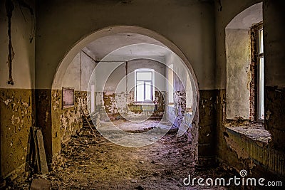 Empty messy room in abandoned mansion Stock Photo