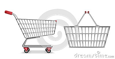 Empty metallic supermarket shopping cart side view isolated. Realistic supermarket basket, retail pushcart vector Vector Illustration