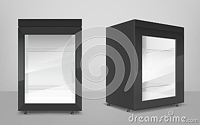 Empty black mini refrigerator with clear glass door Vector Illustration