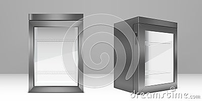 Empty gray mini refrigerator with clear glass door Vector Illustration