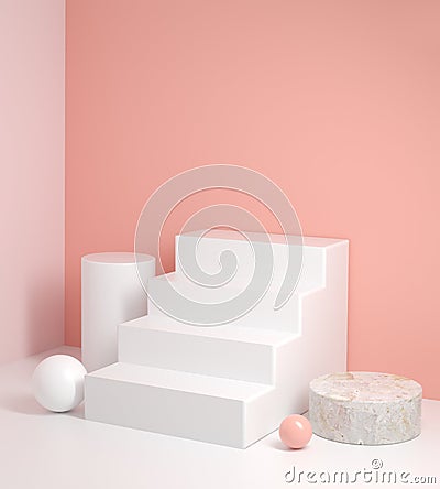 Empty Minimal White Step Display With Geometry Shape Pink Wall Abstract Background 3d Render Stock Photo
