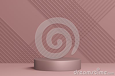 Empty minimalistic rose podium in studio lighting. Single cylinder against the rose background of a diagonal lattice. 3d render Stock Photo