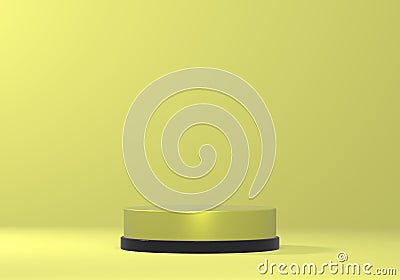 Empty minimalistic yellow podium with black rim in studio lighting. A single cylinder on a yellow background. 3d render Stock Photo
