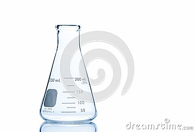 Empty 250 ml. Erlenmeyer flask on reflective isolated on white background Stock Photo