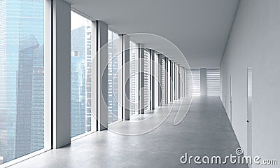 Empty modern bright clean interior of an open space office. Huge panoramic windows with Singapore view. A concept of luxury space Stock Photo