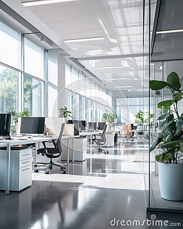 Empty modern bright open space business office with computers, glass walls, plants is flooded with sunlight Stock Photo