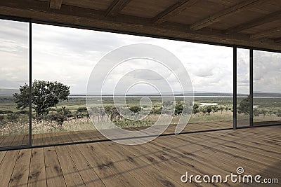 Empty modern design outdoor terrace with sliding patio doors and wooden floor. House 3d render illustration with nature Cartoon Illustration