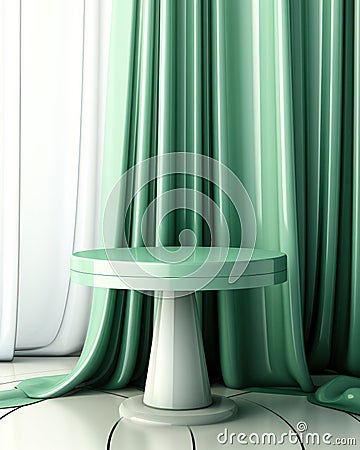 Empty modern glossy emerald green round podium side table in soft white blowing drapery curtain drape in sunlight for luxury Stock Photo