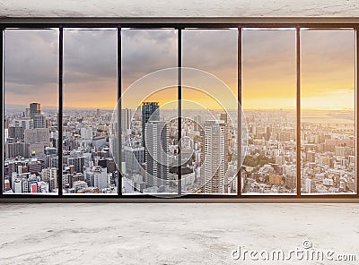 Empty modern interior space with skyscraper city view in sunset, Empty Business Office Interior Stock Photo
