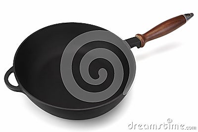 Empty Modern Vintage Cast Iron Pan With Wooden Handle Isolated Stock Photo