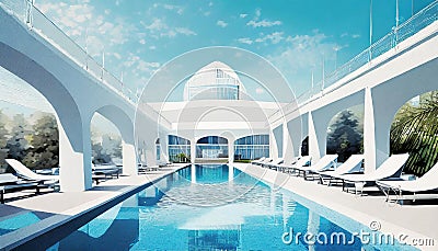 Empty modernist swimming pool with lawn chairs Stock Photo